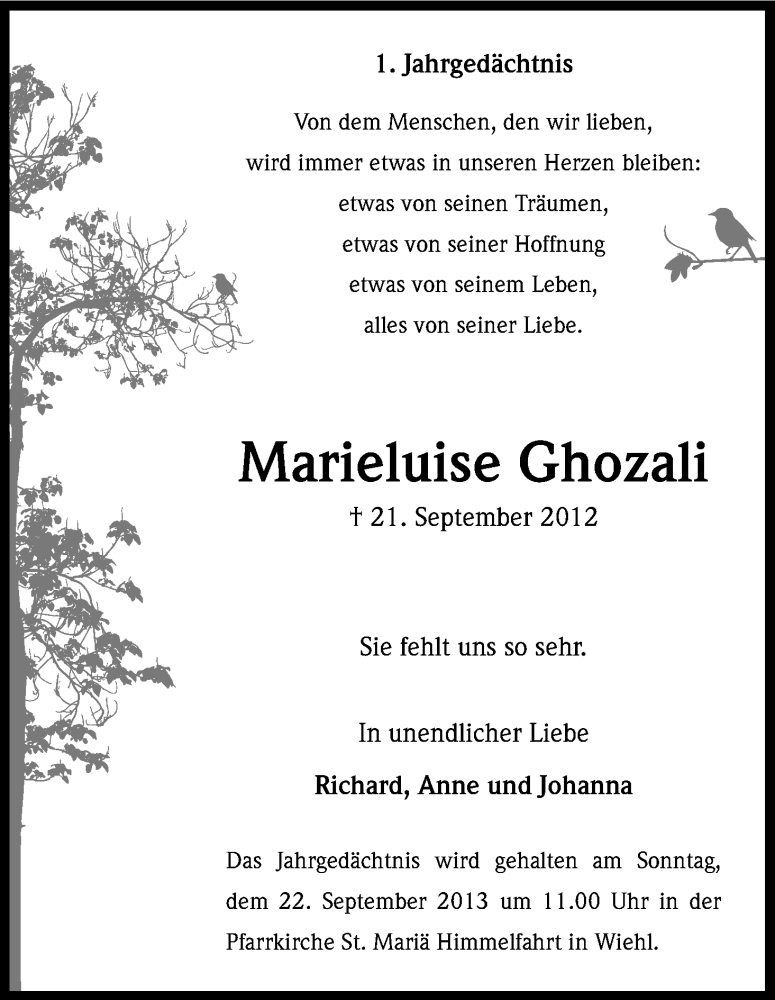  Traueranzeige für Marieluise Ghozali vom 21.09.2013 aus Kölner Stadt-Anzeiger / Kölnische Rundschau / Express
