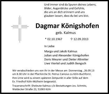 Anzeige von Dagmar Königshofen von Kölner Stadt-Anzeiger / Kölnische Rundschau / Express