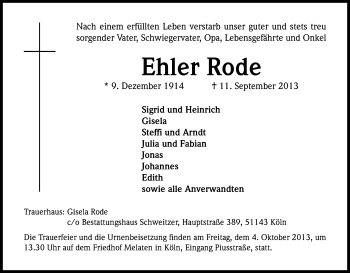 Anzeige von Ehler Rode von Kölner Stadt-Anzeiger / Kölnische Rundschau / Express