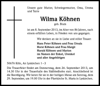 Anzeige von Wilma Köhnen von Kölner Stadt-Anzeiger / Kölnische Rundschau / Express