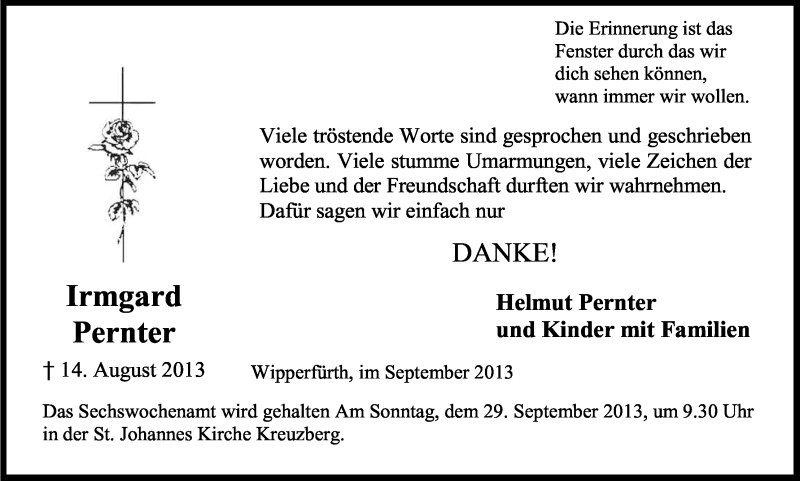  Traueranzeige für Irmgard Pernter vom 21.09.2013 aus Kölner Stadt-Anzeiger / Kölnische Rundschau / Express