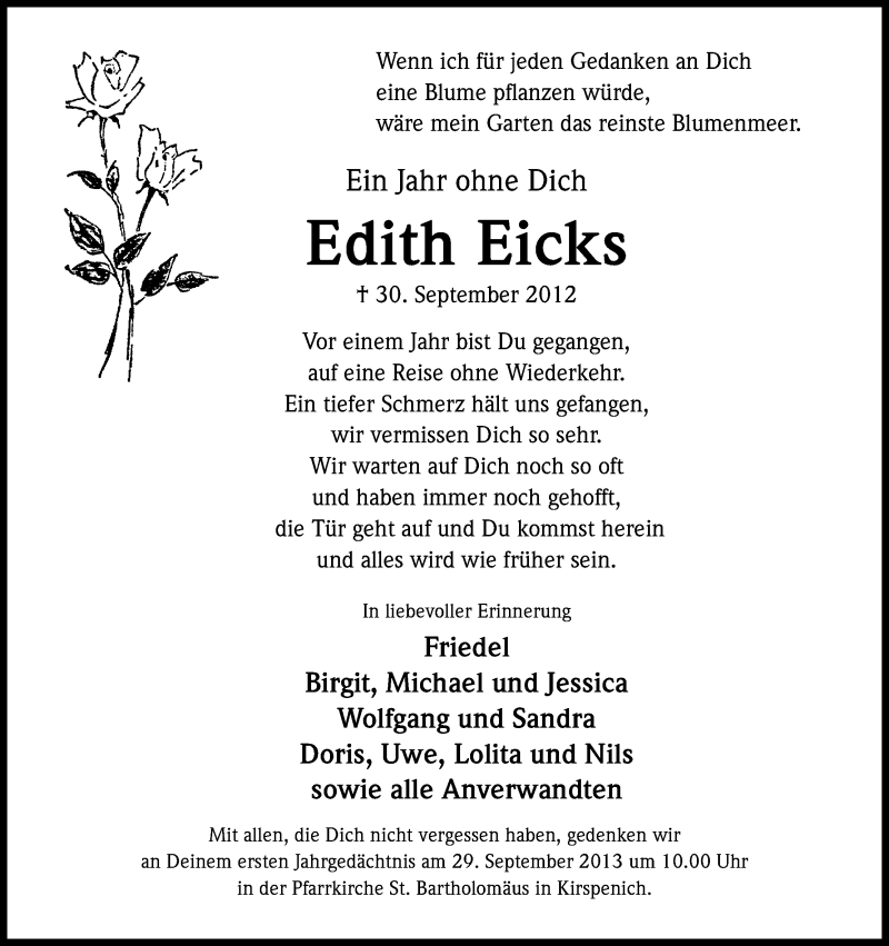  Traueranzeige für Edith Eicks vom 21.09.2013 aus Kölner Stadt-Anzeiger / Kölnische Rundschau / Express
