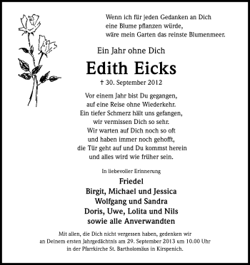 Anzeige von Edith Eicks von Kölner Stadt-Anzeiger / Kölnische Rundschau / Express