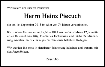 Anzeige von Heinz Piecuch von Kölner Stadt-Anzeiger / Kölnische Rundschau / Express