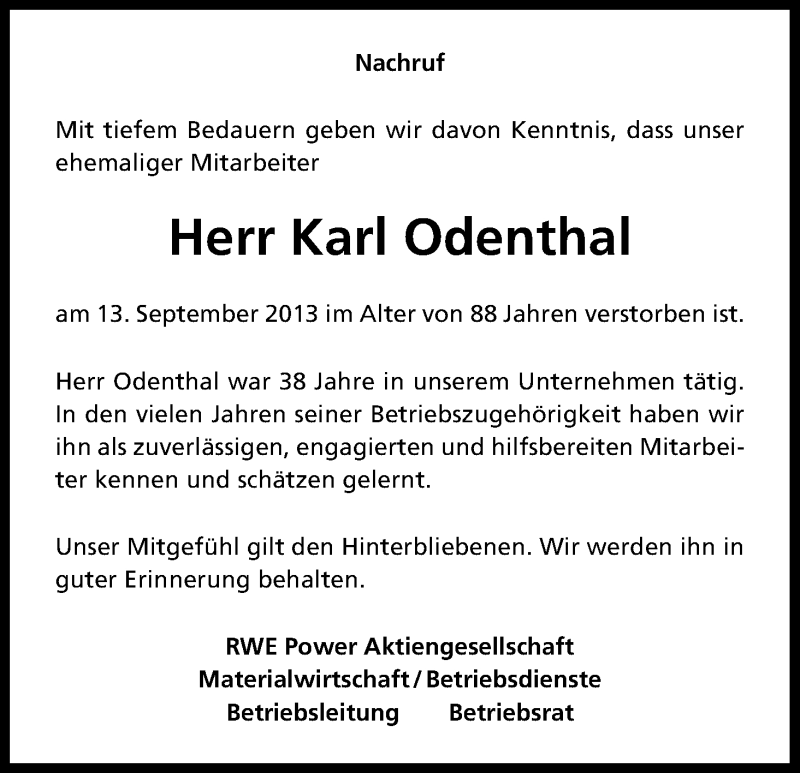  Traueranzeige für Karl Odenthal vom 19.09.2013 aus Kölner Stadt-Anzeiger / Kölnische Rundschau / Express