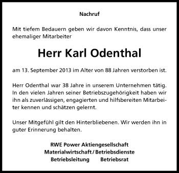 Anzeige von Karl Odenthal von Kölner Stadt-Anzeiger / Kölnische Rundschau / Express