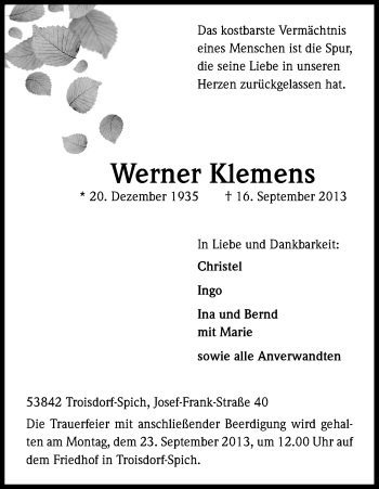 Anzeige von Werner Klemens von Kölner Stadt-Anzeiger / Kölnische Rundschau / Express