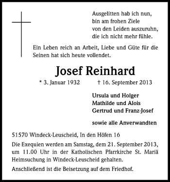 Anzeige von Josef Reinhard von Kölner Stadt-Anzeiger / Kölnische Rundschau / Express