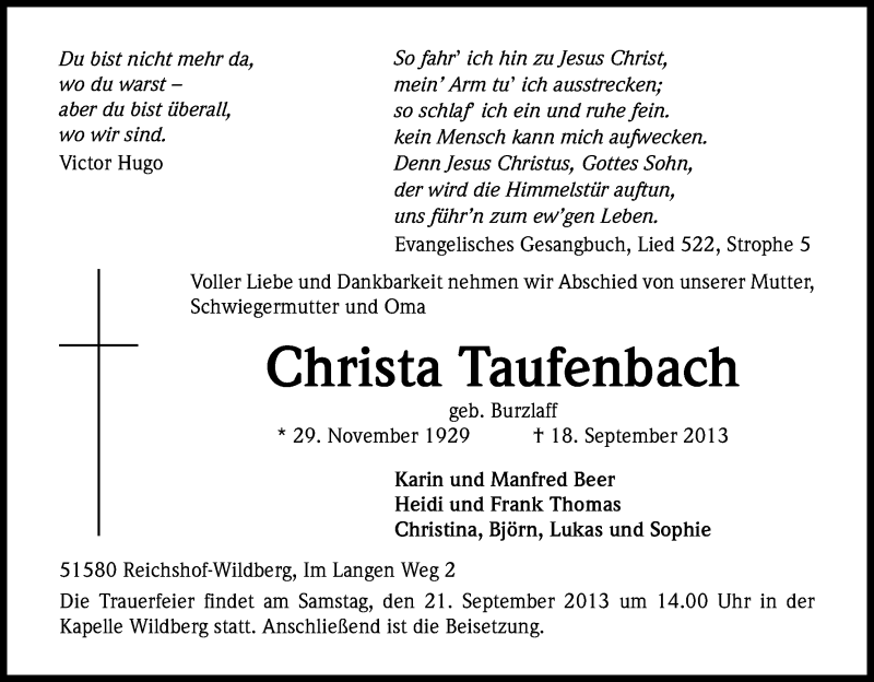  Traueranzeige für Christa Taufenbach vom 19.09.2013 aus Kölner Stadt-Anzeiger / Kölnische Rundschau / Express