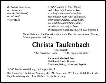 Anzeige von Christa Taufenbach von Kölner Stadt-Anzeiger / Kölnische Rundschau / Express