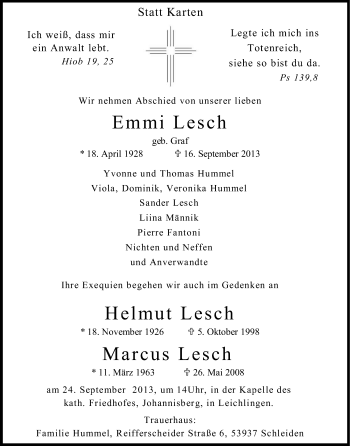 Anzeige von Emmi Lesch von Kölner Stadt-Anzeiger / Kölnische Rundschau / Express