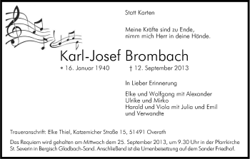 Anzeige von Karl-Josef Brombach von Kölner Stadt-Anzeiger / Kölnische Rundschau / Express