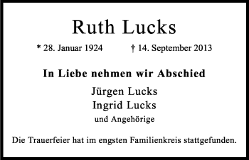 Anzeige von Ruth Lucks von Kölner Stadt-Anzeiger / Kölnische Rundschau / Express