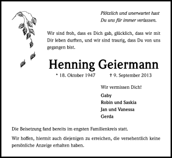 Anzeige von Henning Geiermann von Kölner Stadt-Anzeiger / Kölnische Rundschau / Express