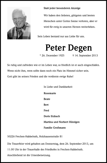 Anzeige von Peter Degen von Kölner Stadt-Anzeiger / Kölnische Rundschau / Express
