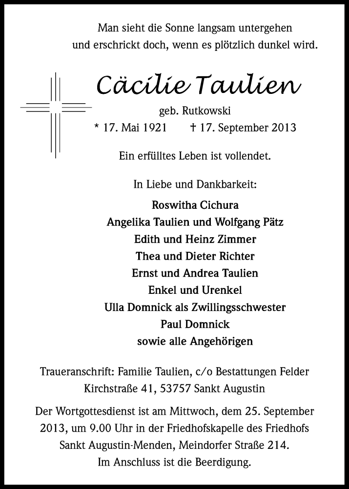  Traueranzeige für Cäcilie Taulien vom 21.09.2013 aus Kölner Stadt-Anzeiger / Kölnische Rundschau / Express