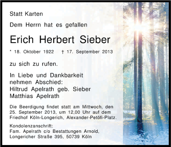 Anzeige von Erich Herbert Sieber von Kölner Stadt-Anzeiger / Kölnische Rundschau / Express