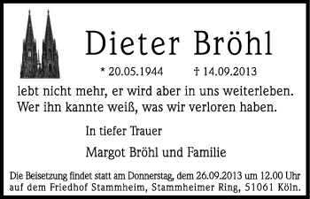 Anzeige von Dieter Bröhl von Kölner Stadt-Anzeiger / Kölnische Rundschau / Express