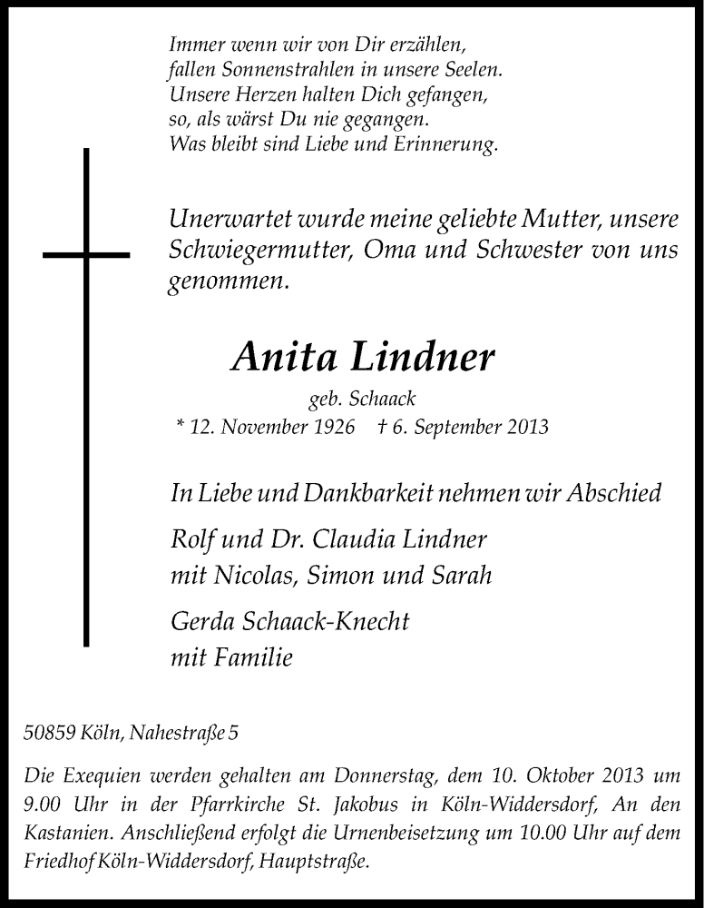  Traueranzeige für Anita Lindner vom 21.09.2013 aus Kölner Stadt-Anzeiger / Kölnische Rundschau / Express
