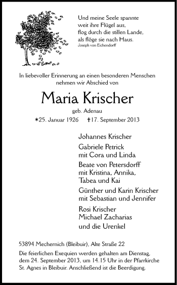 Anzeige von Maria Krischer von Kölner Stadt-Anzeiger / Kölnische Rundschau / Express