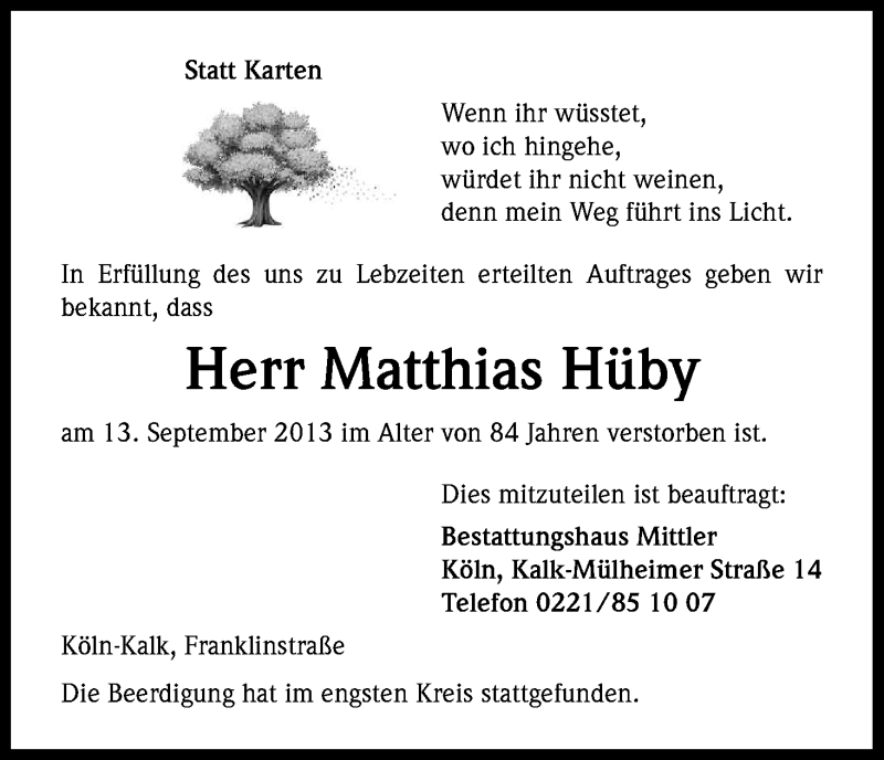  Traueranzeige für Matthias Hüby vom 21.09.2013 aus Kölner Stadt-Anzeiger / Kölnische Rundschau / Express