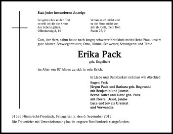 Anzeige von Erika Pack von Kölner Stadt-Anzeiger / Kölnische Rundschau / Express