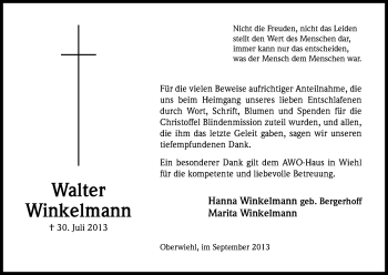 Anzeige von Walter Winkelmann von Kölner Stadt-Anzeiger / Kölnische Rundschau / Express