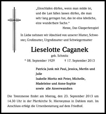 Anzeige von Lieselotte Caganek von Kölner Stadt-Anzeiger / Kölnische Rundschau / Express