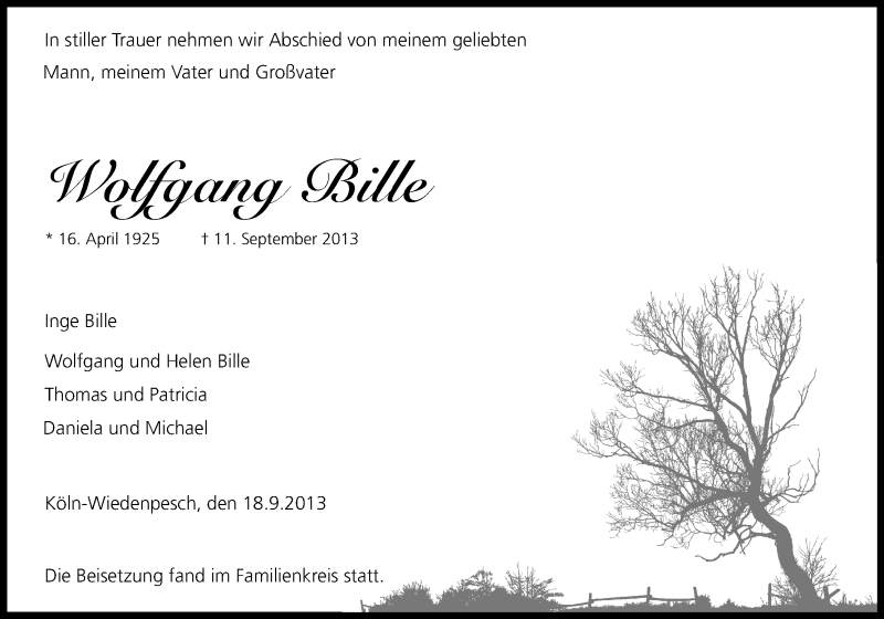  Traueranzeige für Wolfgang Bille vom 21.09.2013 aus Kölner Stadt-Anzeiger / Kölnische Rundschau / Express