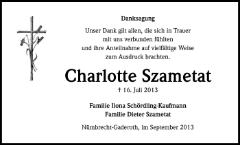 Anzeige von Charlotte Szametat von Kölner Stadt-Anzeiger / Kölnische Rundschau / Express