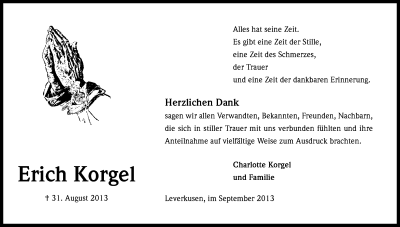  Traueranzeige für Erich Korgel vom 21.09.2013 aus Kölner Stadt-Anzeiger / Kölnische Rundschau / Express