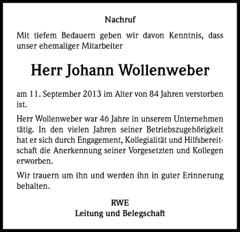 Anzeige von Johann Wollenweber von Kölner Stadt-Anzeiger / Kölnische Rundschau / Express
