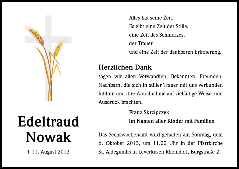  Traueranzeige für Edeltraud Nowak vom 21.09.2013 aus Kölner Stadt-Anzeiger / Kölnische Rundschau / Express