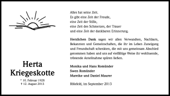 Anzeige von Herta Kriegeskotte von Kölner Stadt-Anzeiger / Kölnische Rundschau / Express