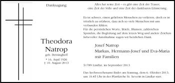 Anzeige von Theodora Natrop von Kölner Stadt-Anzeiger / Kölnische Rundschau / Express