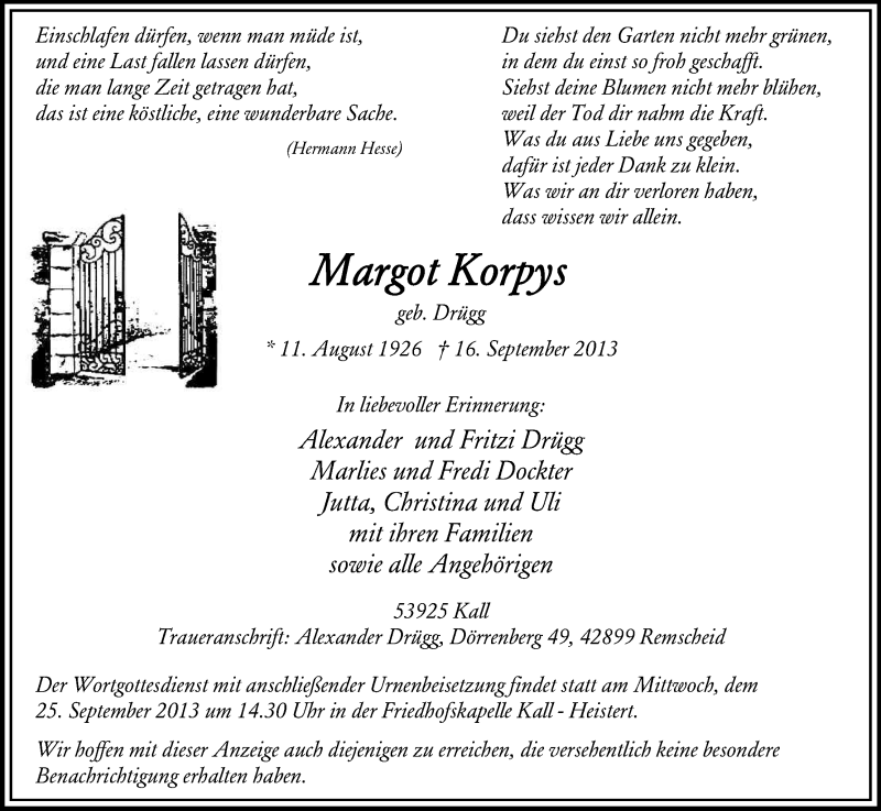  Traueranzeige für Margot Korpys vom 21.09.2013 aus Kölner Stadt-Anzeiger / Kölnische Rundschau / Express