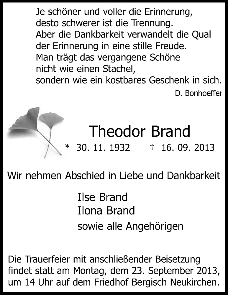  Traueranzeige für Theodor Brand vom 20.09.2013 aus Kölner Stadt-Anzeiger / Kölnische Rundschau / Express