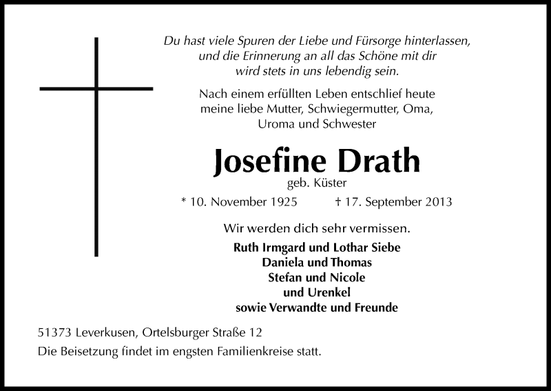  Traueranzeige für Josefine Drath vom 21.09.2013 aus Kölner Stadt-Anzeiger / Kölnische Rundschau / Express