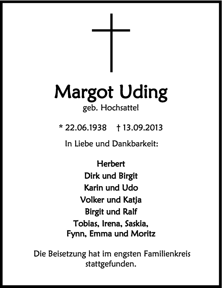  Traueranzeige für Margot Uding vom 23.09.2013 aus Kölner Stadt-Anzeiger / Kölnische Rundschau / Express