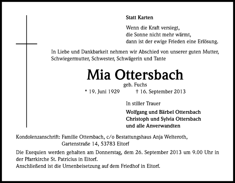  Traueranzeige für Mia Ottersbach vom 21.09.2013 aus Kölner Stadt-Anzeiger / Kölnische Rundschau / Express