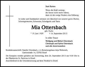 Anzeige von Mia Ottersbach von Kölner Stadt-Anzeiger / Kölnische Rundschau / Express