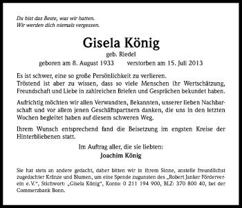 Anzeige von Gisela König von Kölner Stadt-Anzeiger / Kölnische Rundschau / Express