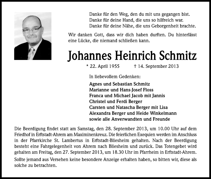  Traueranzeige für Johannes Heinrich Schmitz vom 21.09.2013 aus Kölner Stadt-Anzeiger / Kölnische Rundschau / Express