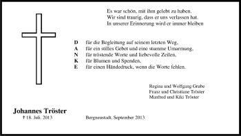 Anzeige von Johannes Tröster von Kölner Stadt-Anzeiger / Kölnische Rundschau / Express