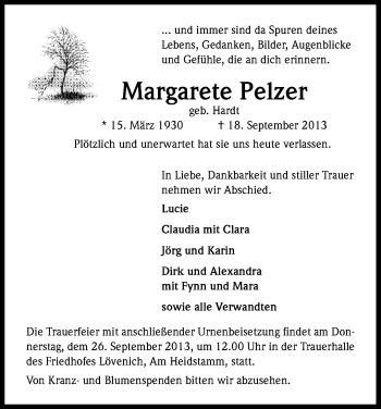 Anzeige von Margarete Pelzer von Kölner Stadt-Anzeiger / Kölnische Rundschau / Express