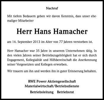Anzeige von Hans Hamacher von Kölner Stadt-Anzeiger / Kölnische Rundschau / Express