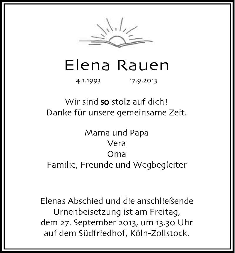  Traueranzeige für Elena Rauen vom 21.09.2013 aus Kölner Stadt-Anzeiger / Kölnische Rundschau / Express