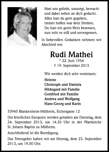 Anzeige von Rudi Mathei von Kölner Stadt-Anzeiger / Kölnische Rundschau / Express