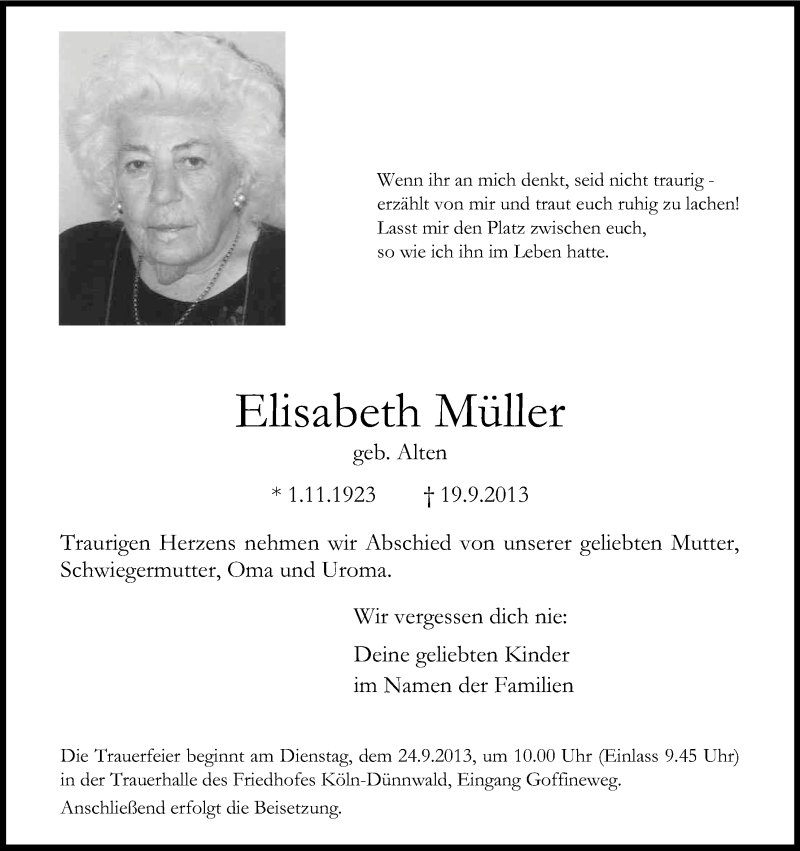  Traueranzeige für Elisabeth Müller vom 21.09.2013 aus Kölner Stadt-Anzeiger / Kölnische Rundschau / Express