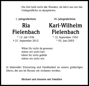 Anzeige von Ria Fielenbach von Kölner Stadt-Anzeiger / Kölnische Rundschau / Express